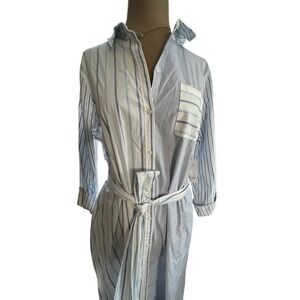 Blue White Striped shirt dress Mixed Print Belted NWT roll up sleeve nautical